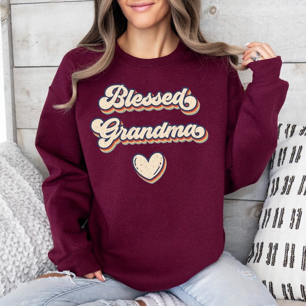 Retro Blessed Grandma Sweatshirt Maroon | Grandma Shirt